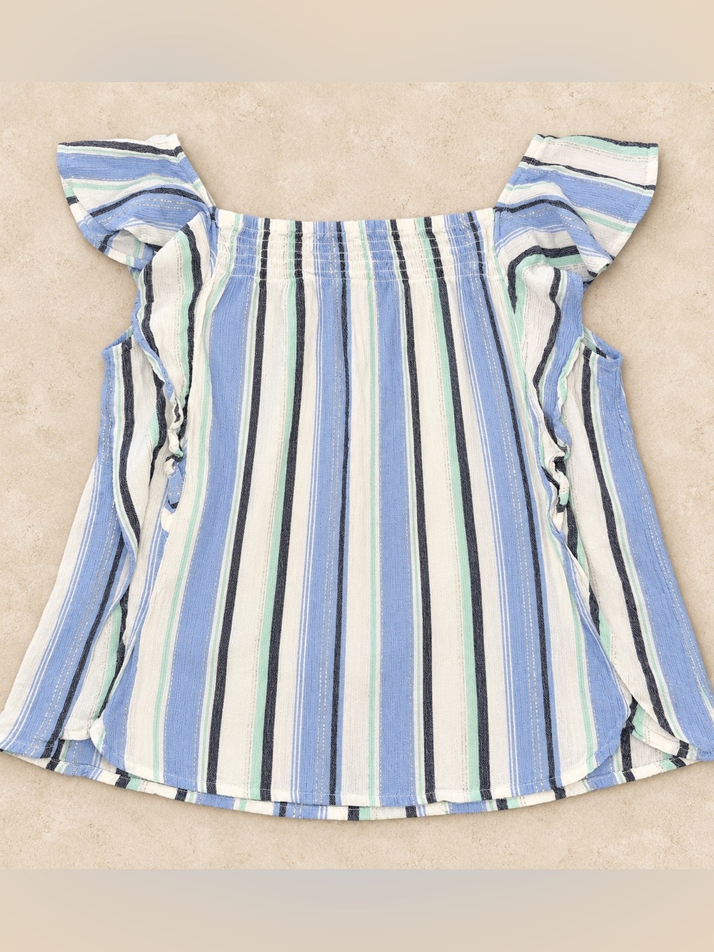 Justice Blue and White Striped Ruffled Shoulder Tank
